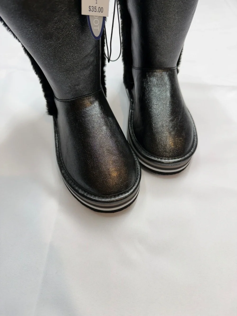 FALLS CREEK New $35 Girls 1 Black Metallic Faux Fur Mid Calf Winter Boots Bin3